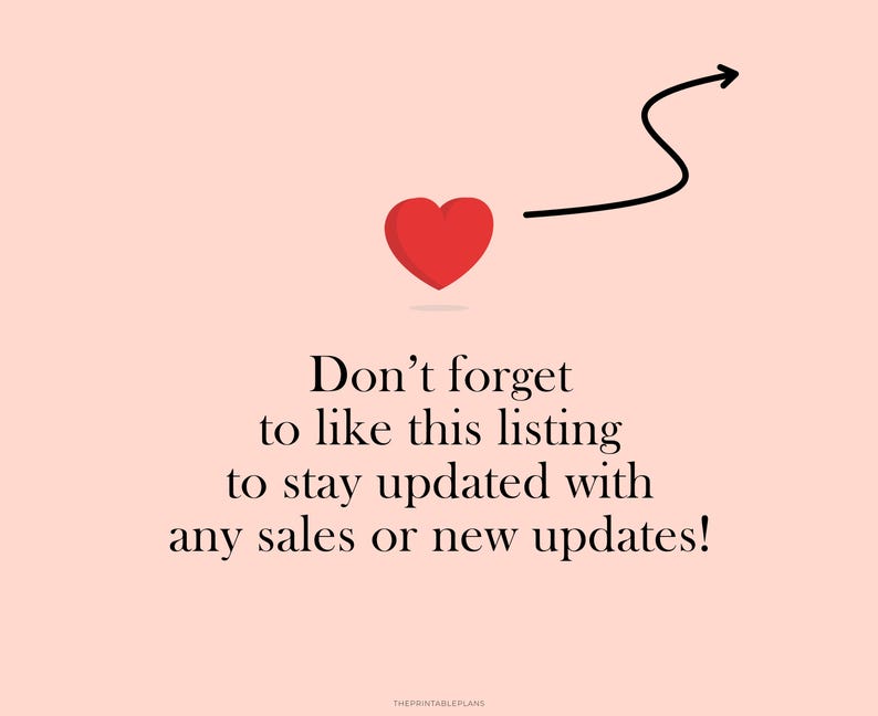 May include: A red heart with an arrow pointing to the right. Text reads: "Don't forget to like this listing to stay updated with any sales or new updates!"
