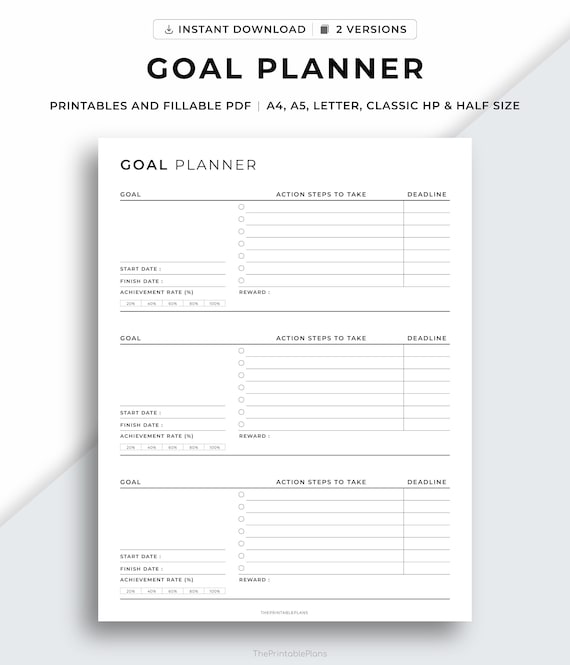 Goal Planner Printable, Goal Setting, Goal Tracker, Productivity Planner, Goal Journal, Goal Action Plan, A4/A5/Letter/Classic HP/Half size