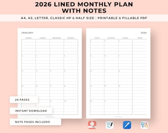2026 Lined Monthly Planner With Notes, 2026 Monthly Calendar, Dated Month on 2 Pages, Monthly Insert, A4/A5/Letter/Half, Printable PDF