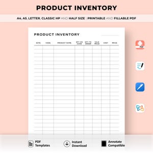May include: A black and white printable product inventory sheet with columns for date, code, product name, quantity on hand, quantity to order, sale price, cost, and price. The sheet is labelled "Product Inventory" at the top.