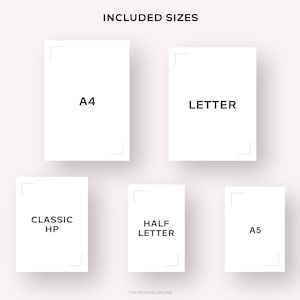 May include: A graphic showing the different sizes of printable planner pages available: A4, Letter, Classic HP, Half Letter, and A5.