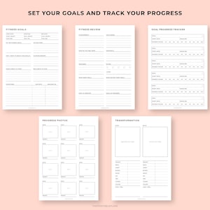 May include: A collection of printable fitness planners with headings like "Fitness Goals," "Fitness Review," and "Goal Progress Tracker." The pages are white with black text and are designed to help track progress. The text "SET YOUR GOALS AND TRACK YOUR PROGRESS" is at the top.