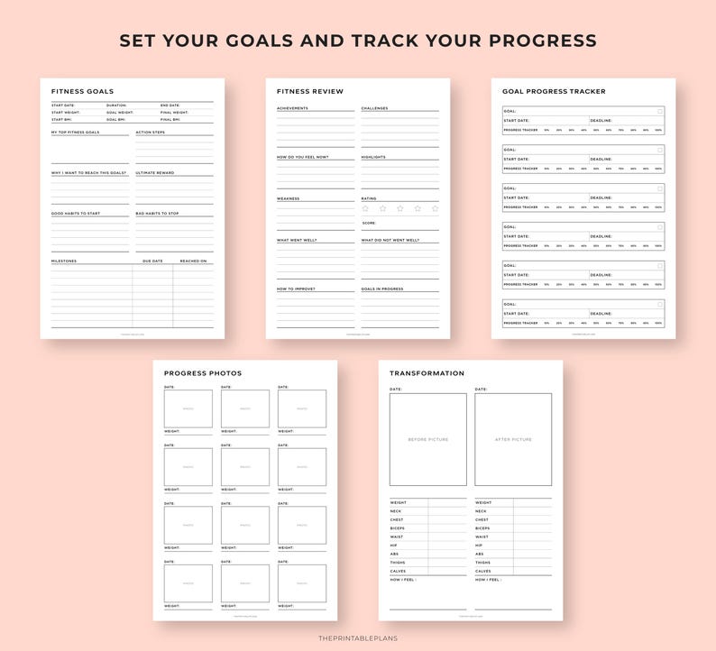 May include: A collection of printable fitness planners with headings like "Fitness Goals," "Fitness Review," and "Goal Progress Tracker." The pages are white with black text and are designed to help track progress. The text "SET YOUR GOALS AND TRACK YOUR PROGRESS" is at the top.