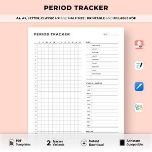 Seguimiento del período imprimible, planificador del período en PDF, seguimiento del registro de la menstruación, duración del ciclo menstrual, seguimiento del período de ovulación, A4/A5/Carta/HP/Media