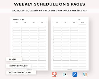 Hourly Weekly Schedule, Weekly Planner Printable, Week At a Glance, Weekly Organizer, Weekly Agenda, To Do List, A5/A4/Letter/Classic/Half
