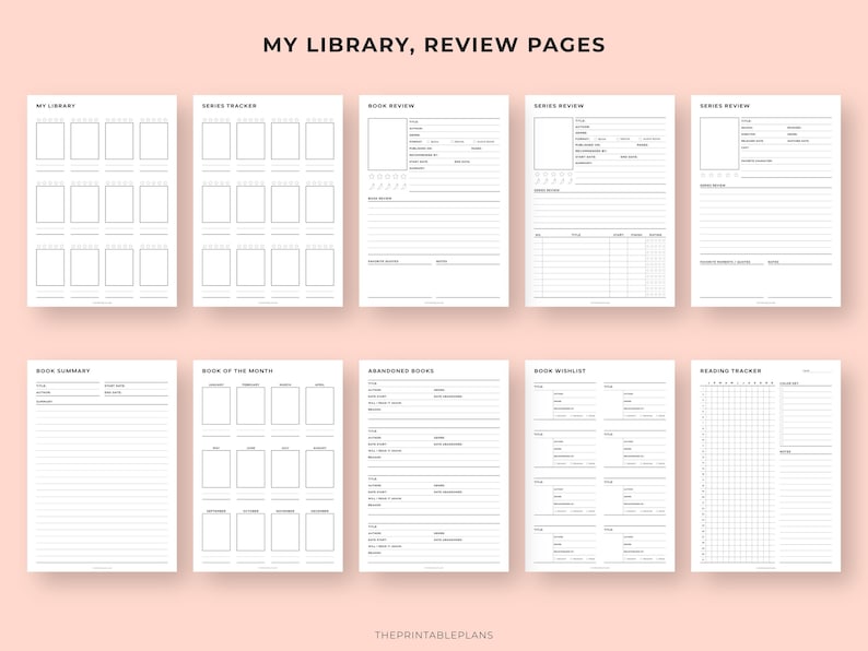 May include: A collection of printable planner pages with the title "MY LIBRARY, REVIEW PAGES". The pages include sections for book reviews, series tracking, and reading logs. The pages are white with black text and graphics, set against a light pink background.