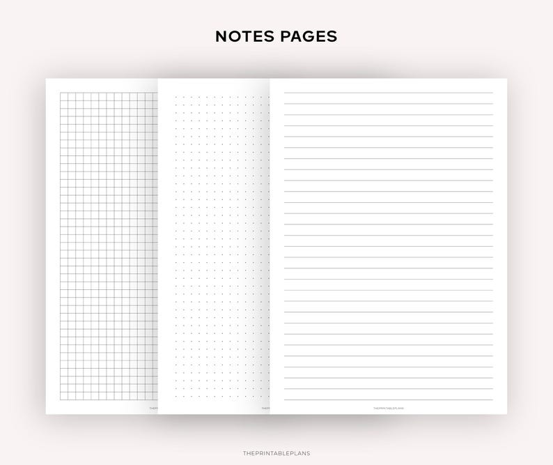 May include: Three printable note pages: a grid, a dotted, and a lined page. The pages are all white with black lines.