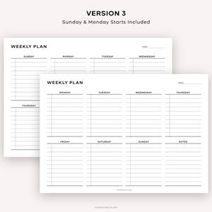 May include: A printable weekly planner with two versions, one starting on Sunday and the other starting on Monday. The planner has spaces for each day of the week, as well as a notes section.