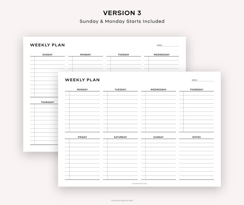 May include: A printable weekly planner with two versions, one starting on Sunday and the other starting on Monday. The planner has spaces for each day of the week, as well as a notes section.