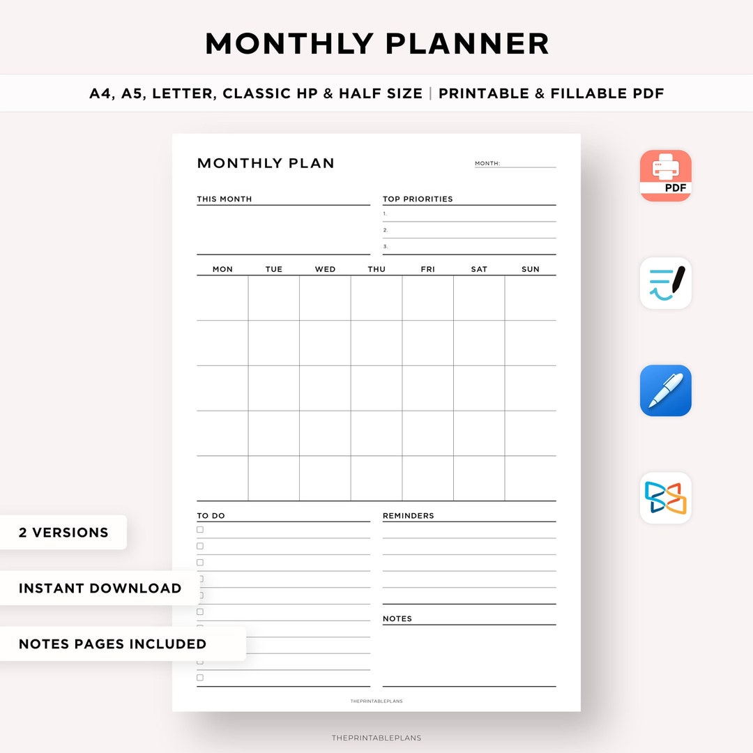 Undated Monthly Planner Printable, Monthly Organizer, Month at a Glance ...