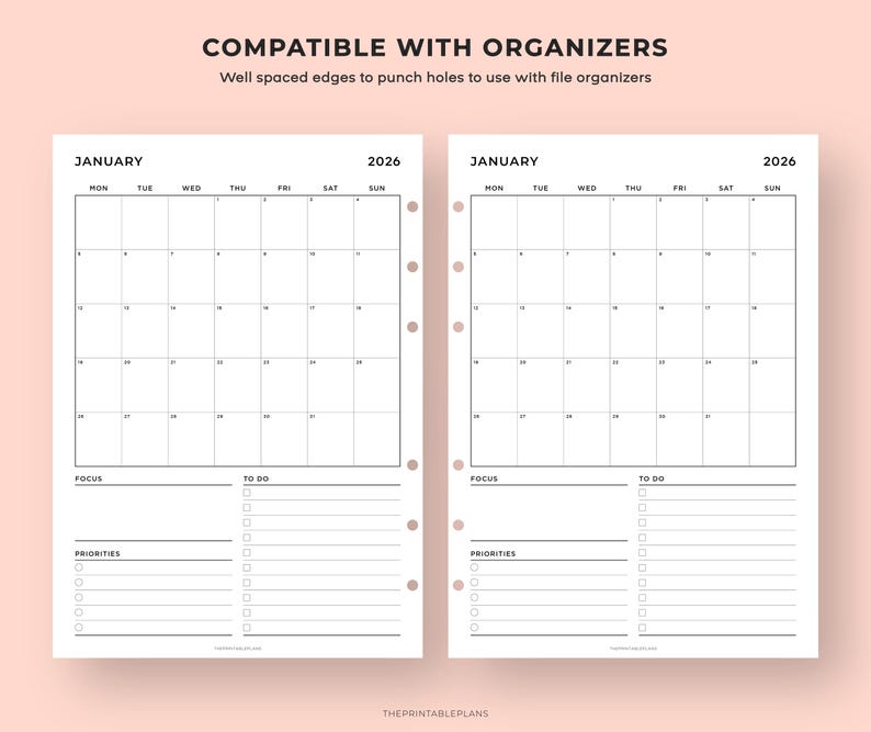 May include: Two-page spread of undated 2026 planner pages with a light pink background. Each page features a January calendar, a section for focus, to-do lists, and priorities. The text "COMPATIBLE WITH ORGANIZERS" is at the top.
