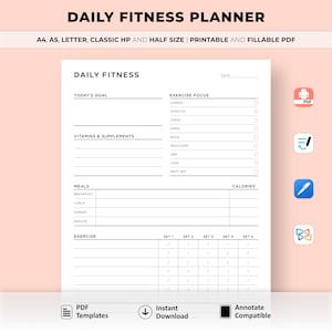 Daily Fitness Planner Printable, Workout Planner, Health Planner, Meal Planner, Vitamin Intake, Mood Tracker, Calorie Tracker, Energy Level