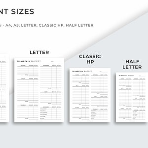 May include: Five different sizes of printable bi-weekly budget worksheets are shown. The sizes are A4, Letter, Classic HP, Half Letter, and A5.