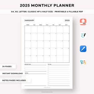 Planificador mensual imprimible 2025, calendario 2025, resumen del mes, organizador mensual, planificador de productividad, tamaño A4/A5/carta/clásico/medio