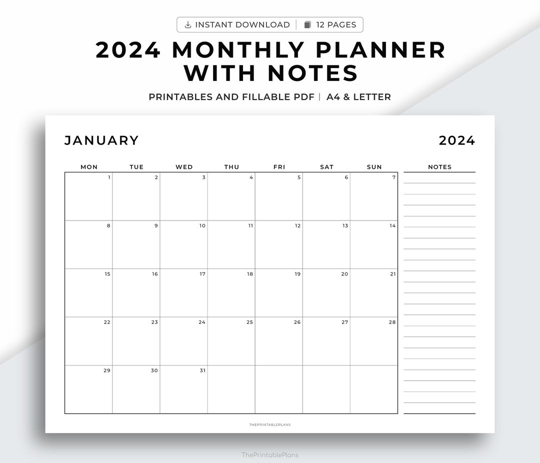 2024 Monthly Planner With Notes Landscape, Dated Month on 1 Page, 2023