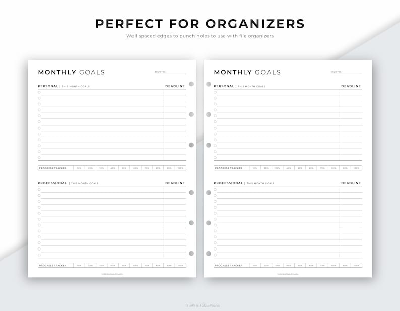 May include: Black and white printable monthly goal planner with sections for personal and professional goals, deadlines, and progress trackers. The planner has a title that says "Monthly Goals".