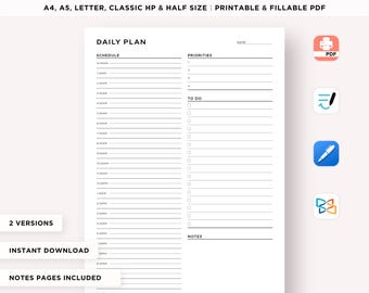 24 Hour Daily Planner, Daily Hourly Planner Printable, Daily Schedule, Productivity Planner, Daily Agenda, A4/A5/Letter/Classic HP/Half Size