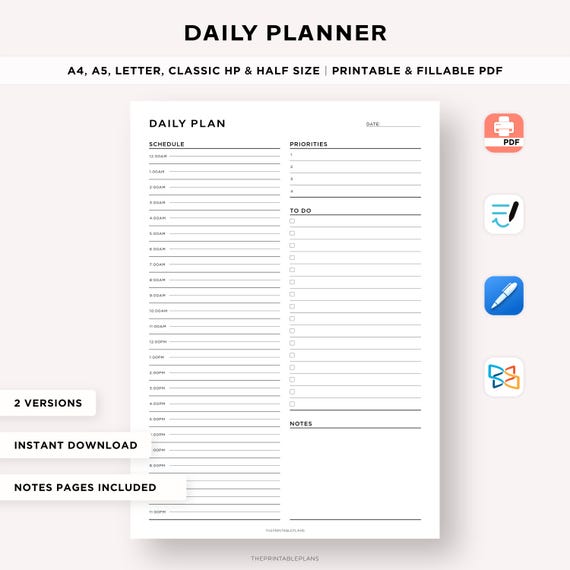 24 Hour Daily Planner, Daily Hourly Planner Printable, Daily Schedule, Productivity Planner, Daily Agenda, A4/A5/Letter/Classic HP/Half Size