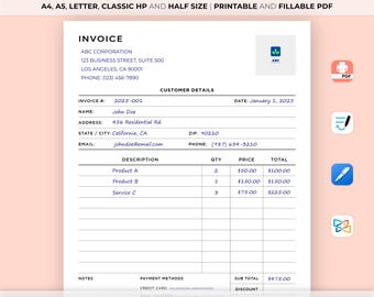 Invoice Template, Receipt Form, Small Business, Receipt Order, Job Estimate Form, Professional Business Invoice, A4/A5/Classic/Letter/Half