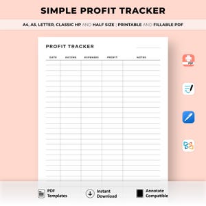Rastreador de ganancias simple imprimible, registro de ganancias de ventas, calculadora de ganancias, registro de ganancias, planificador de negocios, tamaño A4/A5/carta/clásico/medio