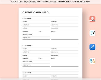Credit Card Information Tracker Printable, Credit Card Info Sheet, Credit Card Log, A4/A5/Letter/Classic/Half Size, Instant Download PDF