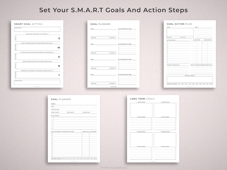 Ensemble de planificateur dobjectifs imprimables, quotidiens, hebdomadaires, mensuels, trimestriels, annuels, objectif SMART, résolution du Nouvel An, réflexions, tableau de vision image 3