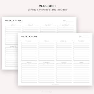 May include: Two printable weekly planner templates with blank lines for writing. The first template has columns for Sunday through Wednesday. The second template has columns for Monday through Thursday, Friday through Sunday, and a notes section.