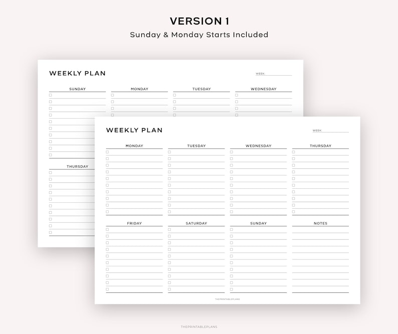 May include: Two printable weekly planner templates with blank lines for writing. The first template has columns for Sunday through Wednesday. The second template has columns for Monday through Thursday, Friday through Sunday, and a notes section.