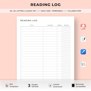 Registro de lectura imprimible, rastreador de lectura, libros para leer, libros que he leído, registro de libros, A4/A5/carta/tamaño HP clásico/medio, descarga instantánea en PDF