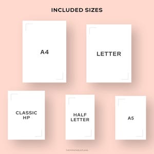 May include: A graphic showing the different sizes included in a printable planner: A4, Letter, Classic HP, Half Letter, and A5.