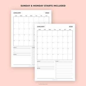 May include: Two undated, minimalist white 2026 monthly calendars with the month of January displayed. Each calendar includes a section for goals, to-do lists, and notes. The text "SUNDAY & MONDAY STARTS INCLUDED" is at the top.