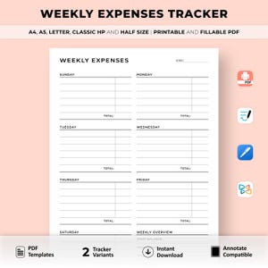 Puede incluir: Plantilla de seguimiento de gastos semanales imprimible en PDF con un diseño en blanco y negro. La plantilla está dividida en siete días de la semana, con espacio para enumerar los gastos y un total para cada día. La plantilla también incluye una sección de resumen semanal para realizar un seguimiento del saldo inicial.