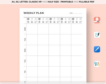 May include: A printable weekly social media planner with a grid layout for scheduling posts. The planner includes icons for Instagram, Facebook, Twitter, Pinterest, YouTube, and TikTok. The planner is available in A4, A5, Letter, Classic HP, and Half sizes.