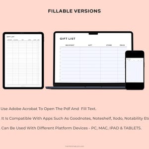 May include: A digital printable gift list template with a white background and black text. The template is divided into columns for recipient, gift, store, and price. The template is shown on a laptop, tablet, and phone screen.