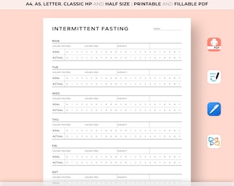 Intermittent Fasting Tracker Printable, Weekly Fasting Tracker, Weight Loss Tracker, Health Planner, Goal Setting, Diet Planner, A5 Insert