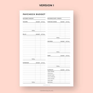 May include: A printable budget planner with sections for income, bills, expenses, savings, debt, and a summary. The planner includes columns for budget and actual amounts.