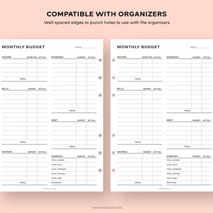 May include: Printable monthly budget planner with sections for income, expenses, bills, debt, savings, and a summary. The planner is designed to be compatible with organizers and has holes punched along the side.