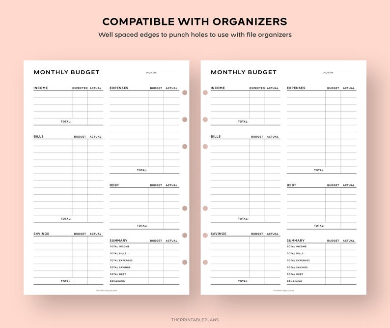 May include: Printable monthly budget planner with sections for income, expenses, bills, debt, savings, and a summary. The planner is designed to be compatible with organizers and has holes punched along the side.