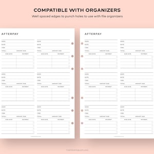 May include: Printable Afterpay tracker sheet with space for shop name, date, item, amount due, total, due date, and payment. The sheet is compatible with organizers and has well-spaced edges for punching holes.