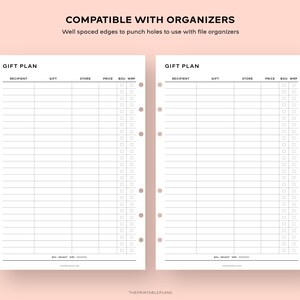 May include: A printable gift plan checklist with columns for recipient, gift, store, price, bought, and wrapped. The checklist is designed to be compatible with file organizers and has holes punched along the side.