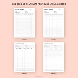 May include: Four different versions of a printable mileage tracker. Each version has a title "Mileage Tracker" and includes columns for date, driver, vehicle, purpose, odometer, and miles.