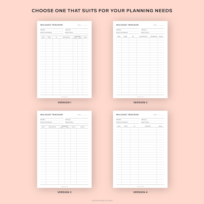 May include: Four different versions of a printable mileage tracker. Each version has a title "Mileage Tracker" and includes columns for date, driver, vehicle, purpose, odometer, and miles.