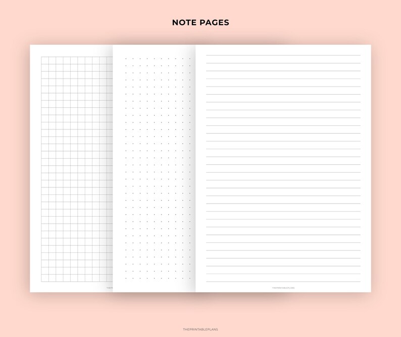 May include: Three open notebook pages with different layouts. The first page has a grid pattern, the second has a dot grid, and the third has horizontal lines. The text "NOTE PAGES" is at the top.