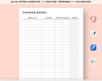 Finished Books List Page, Book Complete List Printable, Reading Log, Reading Journal, A4/A5/Letter/Classic HP/Half Size, Instant Download
