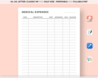 Medical Expenses Tracker Printable, Medical Expense Log, Health Expenses Tracker, Medical Binder, Medical Bills Log, A4/A5/Letter/HP/Half