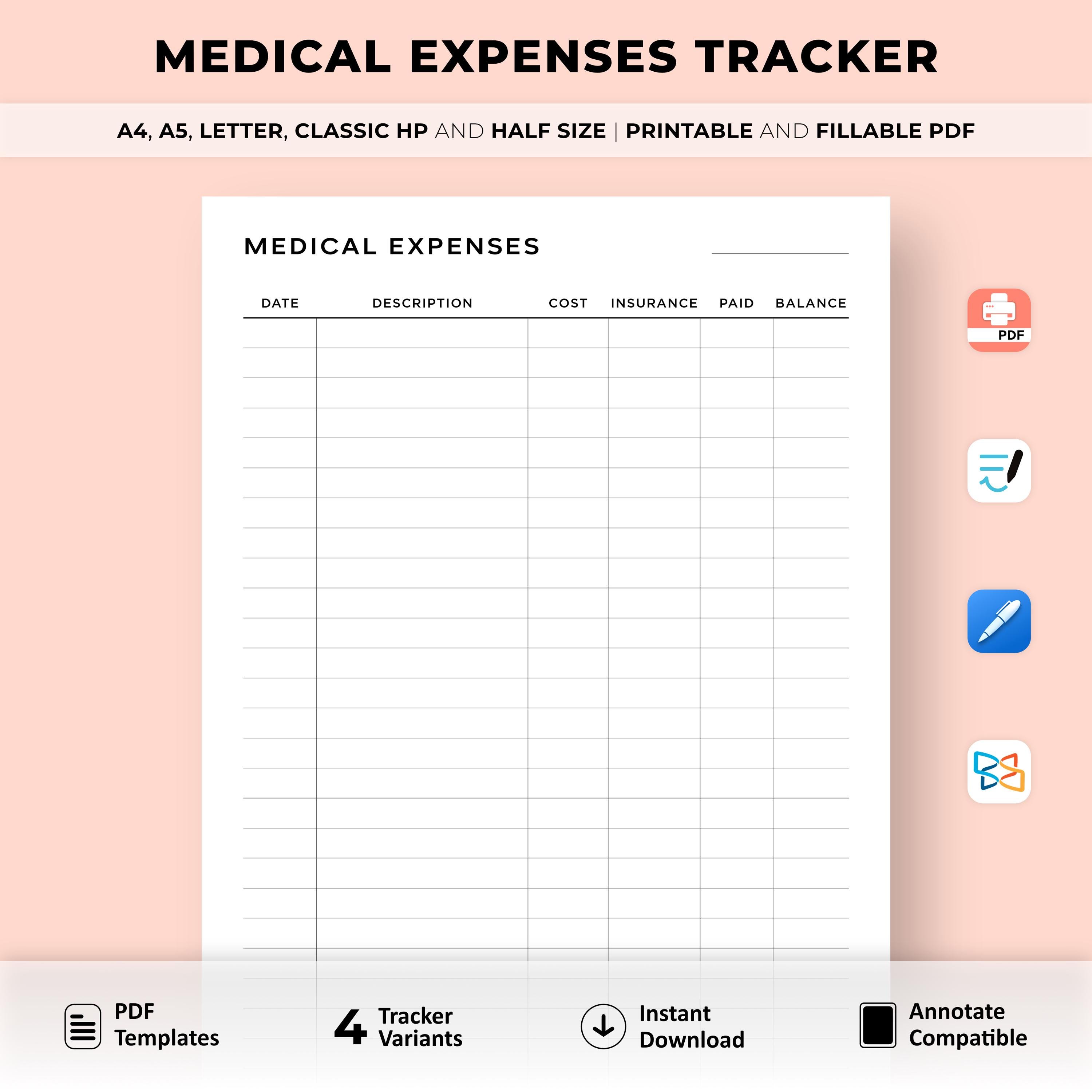 medical expenses tracker printable, medical expense log, health