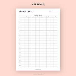 May include: A white printable planner page with the title "ENERGY LEVEL" at the top. The page is divided into a grid with numbered columns and rows, designed for tracking energy levels. The bottom of the page includes the text "THEPRINTABLEPLANS".