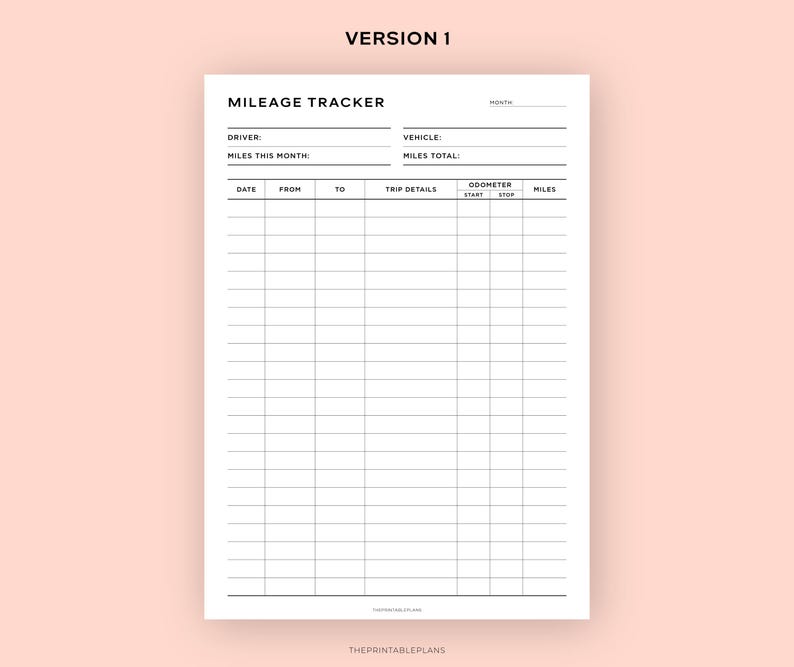 May include: A printable mileage tracker with sections for driver, vehicle, date, from, to, trip details, odometer start, odometer stop, and miles. The tracker is designed to help track mileage for business or personal use.