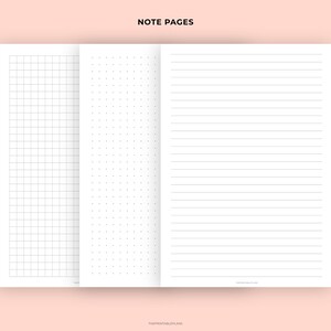 May include: Three open notebook pages with different layouts. The first page has a grid pattern, the second has a dotted pattern, and the third has horizontal lines. The text "NOTE PAGES" is at the top.
