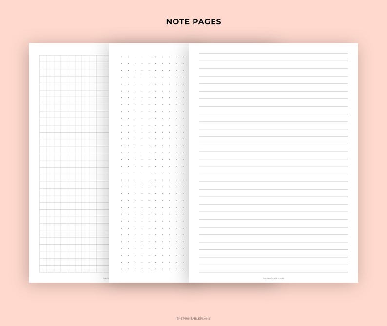May include: Three open notebook pages with different layouts. The first page has a grid pattern, the second has a dotted pattern, and the third has horizontal lines. The text "NOTE PAGES" is at the top.